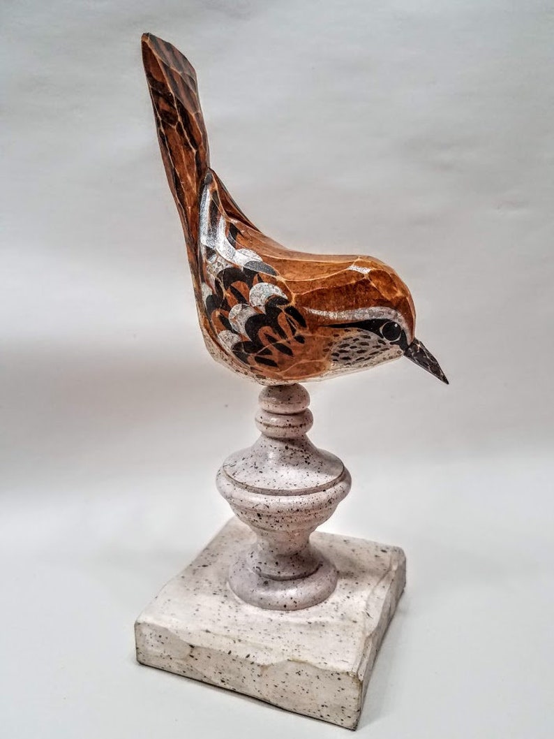 Hand Carved Bird Carolina Wren carved from White Pine. Perched on antiqued finial. image 8