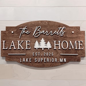 3D Lake House Family Name Sign, Wood Cottage Decor with Pine Trees, Lake House Decor, Lake Cabin Camp Signs, New Home Gift, Closing Gift