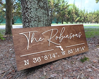 Coordinates Sign, Latitude Longitude sign, Custom Anniversary Gift, Wooden Last Name Sign, Wedding, Beach, Lake, River House, Closing Gift