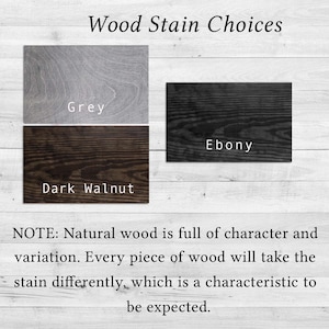 May include: Wood stain choices for a project. The options are grey, dark walnut, and ebony. The image shows wood samples stained in each colour.