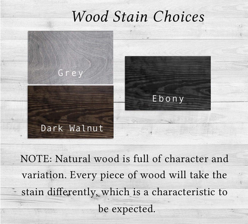 May include: Wood stain choices for a project. The options are grey, dark walnut, and ebony. The image shows wood samples stained in each colour.