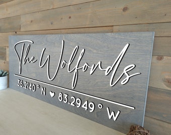 Coordinates Sign, Latitude Longitude sign, Wooden Last Name Sign, Closing Gift, GPS Home Sign, Wedding Beach Lake River House Gift Ideas
