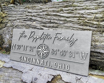 Compass GPS Coordinate Sign, Family Name GPS Sign, Latitude Longitude, Wedding Gift, Beach Lake River House Decor, Closing Gift, 3D Wood