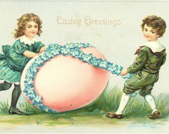 Antique German Embossed Postcard "Easter Greetings" Victorian Boy and Girl, Large Pink Egg, Blue Flowers