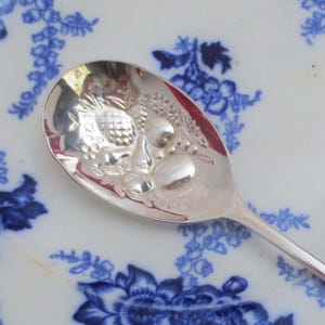K&M Silver Plate Fruit Serving Spoon, Sheffield, England ~ Repoussé Bowl with Fruit, Tipt Handle ~ Kirk and Matz Silverware, Flatware