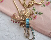 Harper Convertible Brooch Necklace 12K Gold Filled Pink Blue Rhinestones ca 1930 39 s