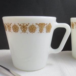 Pair Pyrex Butterfly Gold Coffee Mugs ~ 1970&#39;s Vintage Golden Butterfly, Retro Flowers ~ Goes with Corelle by Corning Glass