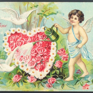 Antique Victorian Embossed Valentines Day Postcard ~ Angel or Cupid Watering Flowers ~ Printed in Germany ~ 1900&#39;s Greeting Card