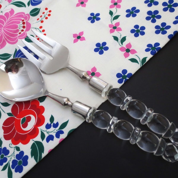 Vintage Salad Serving Fork and Knife Set ~ Faceted Clear Acrylic Handles Stainless Bowls and Tines 11-1/4"