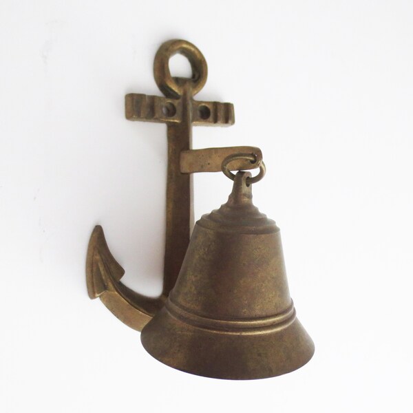 Vintage Brass Bell with Anchor ~ Nautical Brass Dinner Bell ~ Lake House Door Bell - Wall Mount 3" Diameter, 6" tall