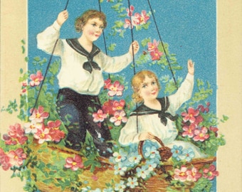 Antique Victorian Birthday Greeting Postcard Embossed Hot Air Balloon Children ca. 1910 German