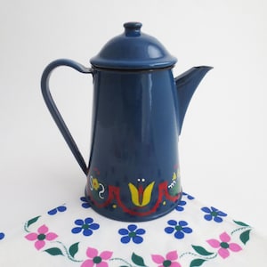 Vintage Blue Enamelware Coffee Pot ~ Hand Painted Dutch Tulip Flower Motif ~ Artist Signed, Graniteware Coffee Kettle or Tea Pot