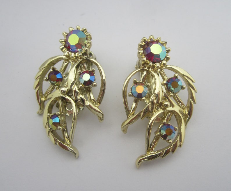 Dazzling Judy Lee Clip Earrings Red AB Rhinestone Flower and Leaves ~ 1950s Vintage ~ Wedding Prom Jewlery