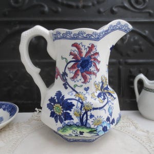 Old Canton Milk Pitcher ~ Blue and Multi Color Floral Transferware by Wedgwood & Co. Ltd. ~ 5-3/4&quot; Pitcher, 16 Ounce Jug ~ Made in England