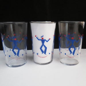 Three Swanky Swigs Juice Glasses ~ 1940&#39;s Rare Dancing Sailor Stick Figures ~ MCM Cocktail Drink Glass Set