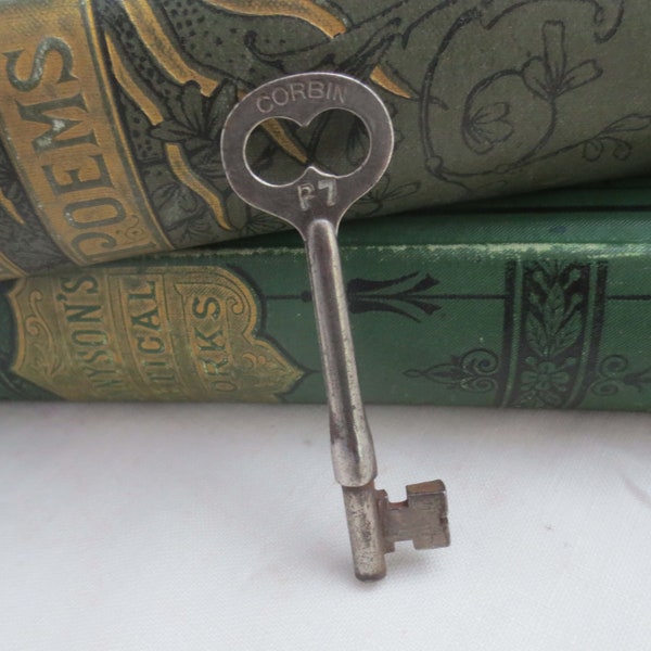 Authentic Antique Corbin P7 Skeleton Key, Flat Handle, Round Barrel, Old Industrial, Gothic, Steampunk, Altered Art, Jewelry Supply