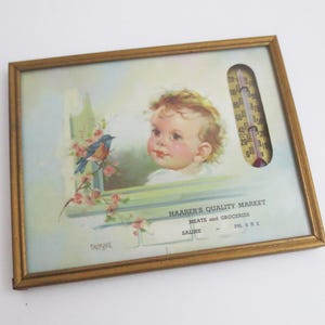 Vintage 1946 Advertising Wall Thermometer Calendar, Haarer&#39;s Meat Market, Saline, Michigan ~ Framed Glass, Store Promotional Souvenir Gift