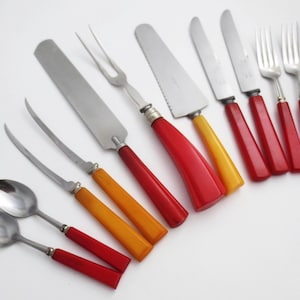 Bakelite Handle Flatware ~ Various Sizes and Shapes ~ Art Deco Serving Utensils, Knives, Forks, Spoons ~ Valley Forge & Henry&#39;s Stainless