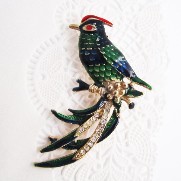 Unsigned Sphinx Jewelry Bird Brooch ~ Bird of Paradise Pin ~ 1970's Vintage, Clear Rhinestones and Enamel Jewelry