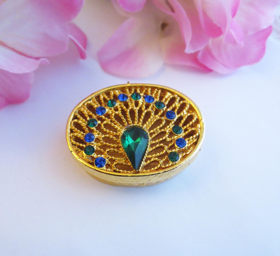 Vintage Gold Pill Box Gold Tone Metal With Peacock Blue and Etsy