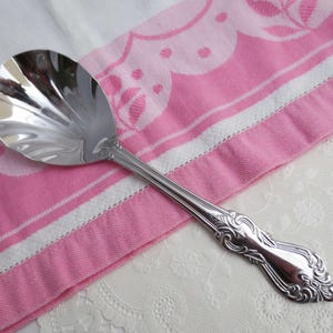 Può includere: Un cucchiaio da portata argentato lucido con un manico decorativo è appoggiato su un tessuto a motivi rosa e bianco. Il cucchiaio ha una grande coppa a forma di conchiglia e dettagli ornati sul manico.