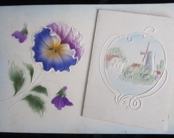 Unusual Antique Victorian German Embossed Post Card With Fold Out Greeting Violets Windmill