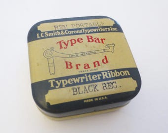 Type Bar Brand Typewriter Ribbon Advertising Tin ~ by L C Smith & Corona Typewriters Inc. ~ Square Storage Tin for Small Items