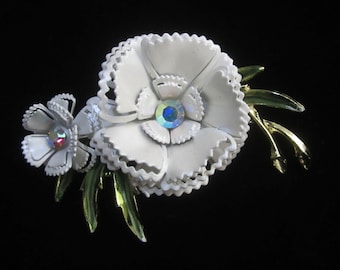 White Enamel and Blue AB Rhinestone Brooch ~ Double Blossom Wedding Flower Pin ~ Peony Flower