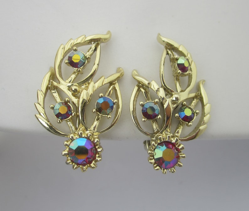 Dazzling Judy Lee Clip Earrings Red AB Rhinestone Flower and Leaves ~ 1950s Vintage ~ Wedding Prom Jewlery
