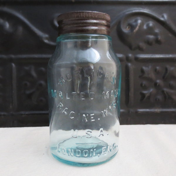 Horlick's Malted Milk Storage Jar ~ Racine Wis. U.S.A., London England ~9 Ounce ~ 1920's Vintage Embossed Advertising Jar ~ Cottage Decor