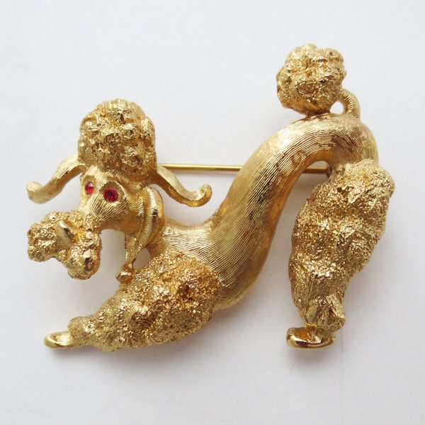 Vintage French Poodle Dog Brooch with Red Rhinstone Eyes by Monet ~ 1960's Joyful Sculptural Puppy Pin