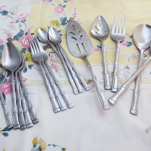 Vintage Exotic BAMBOO Stainless Silverware ~ Sunshine Products, Royal Suprema, Tiki Modern Flatware, Salad Set, Pastry Server, Spoons, Fork