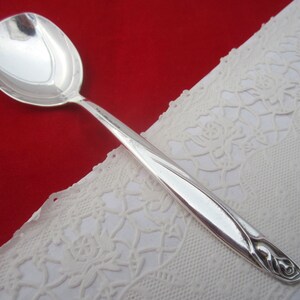 May include: A silver sugar spoon with a decorative rose design on the handle. The spoon has a rounded bowl and a long, slender handle.