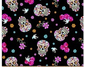 Sugar skulls with glitter, 100 Cotton fabric by the half yard
