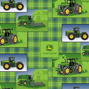 May include: A green and black John Deere tractor with a green and black combine harvester on a green plaid background. The John Deere logo is also featured on the background.