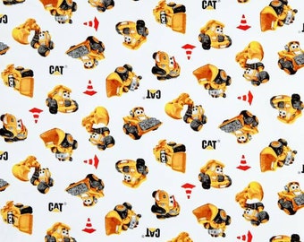 CAT Construction Trucks Blanco 100% Algodón tela por medio patio