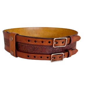 Handmade Brown Leather Kilt Belt: Celtic Knot Double Buckle
