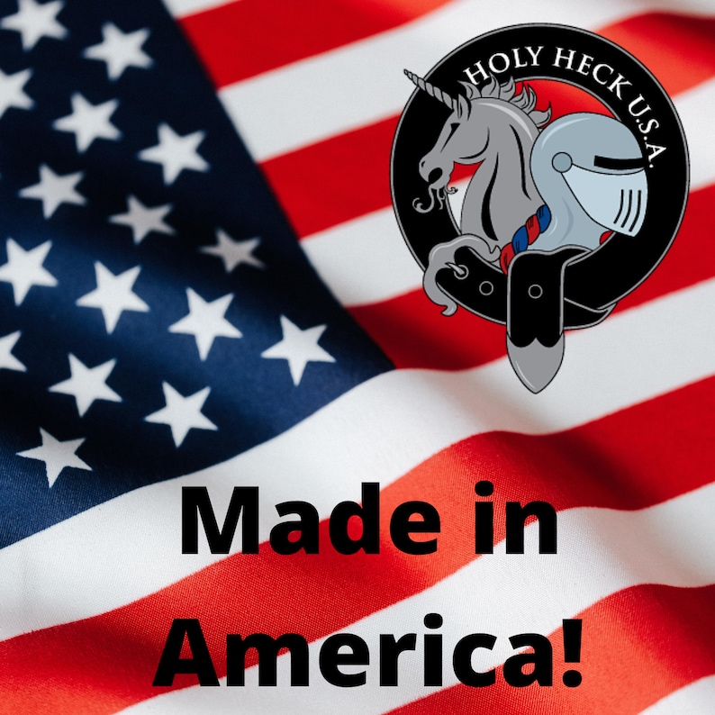 Background of an American flag with "Made in America" text and the Holy Heck logo in foreground.