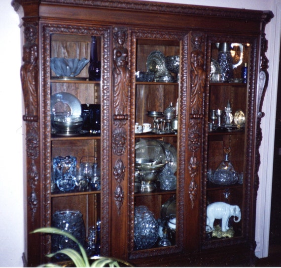 Antique 1880s Hand Carved Solid Oak Silver China Cabinet Etsy