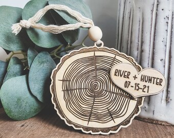 Tree Slice Personalized Ornament, Important Date Ornament, Valentines Gift Tag (#236)