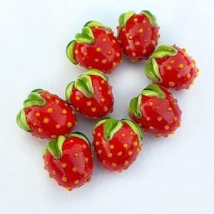Strawberry Lampwork Glass Beads: Handmade Jewelry Supplies, Set of 8