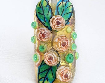 Lampwork glass bead "Roses", artisan glass focal handmade bead for pendant necklace making