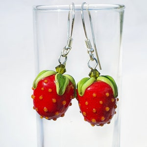 Strawberry Earrings, handmade glass strawberry, hoop earring
