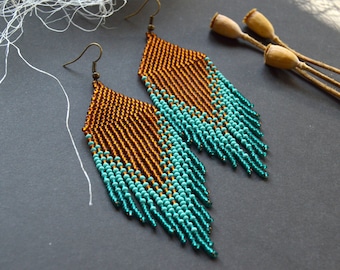 Fringe seed bead earrings, long beaded earrings, turquoise brown earrings