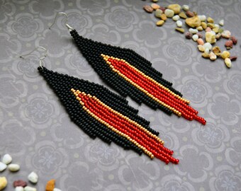 Red Black Gold beaded earrings, Long beaded earrings, Fringe seed bead earrings