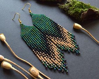 Long beaded green gold earrings