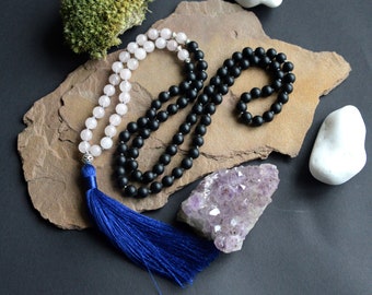 108 mala beads, Hand Knotted Mala necklace, Rose Quartz Gemstone, Shungite gemstone tassel necklace