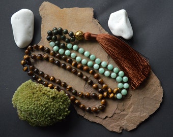 108 Beads Mala Prayer Necklace Tiger's Eye Gemstone Nephrite, Serpentine gamstone,  Tassel Necklace, Spiritual Protection Yoga Necklace