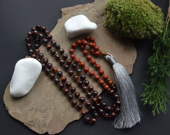 Mala Necklace Red Jasper, Red Tiger eyes, 108 Bead Gemstone Tassel Necklace, Meditation, Yoga Jewelry