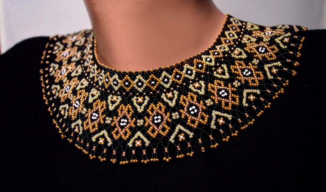 Black Gold Beaded Necklace, Seed Bead Collar Necklace Etsy